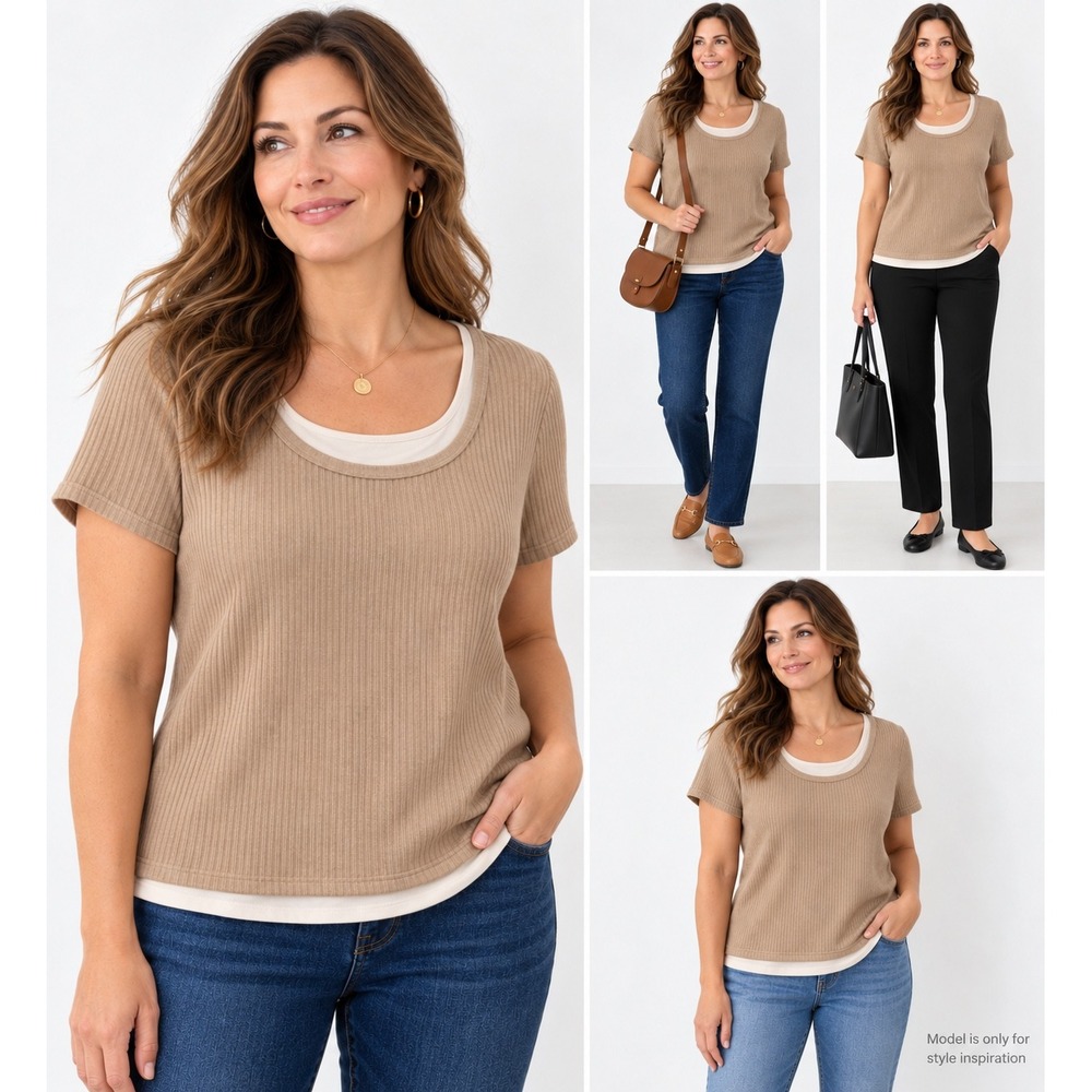 Croft & Barrow Top Womens XL Tan Stretch Ribbed Layered Look Short Sleeve Tee